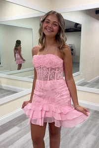 Sheer Empire Strapless Lace And Chiffon Ruffle Homecoming Dress