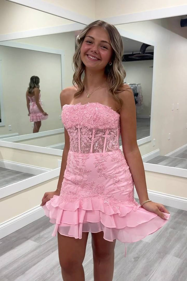 Sheer Empire Strapless Lace And Chiffon Ruffle Homecoming Dress