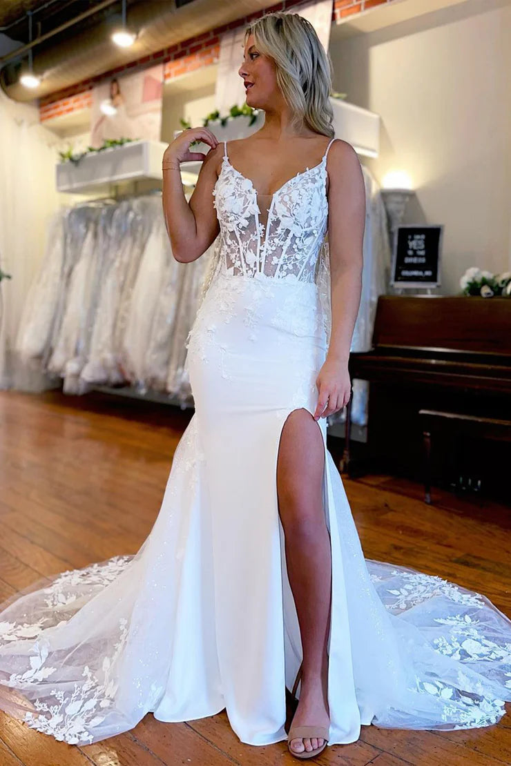 Sheer Empire V-Neck Empire Satin Wedding Dress With Lace Train