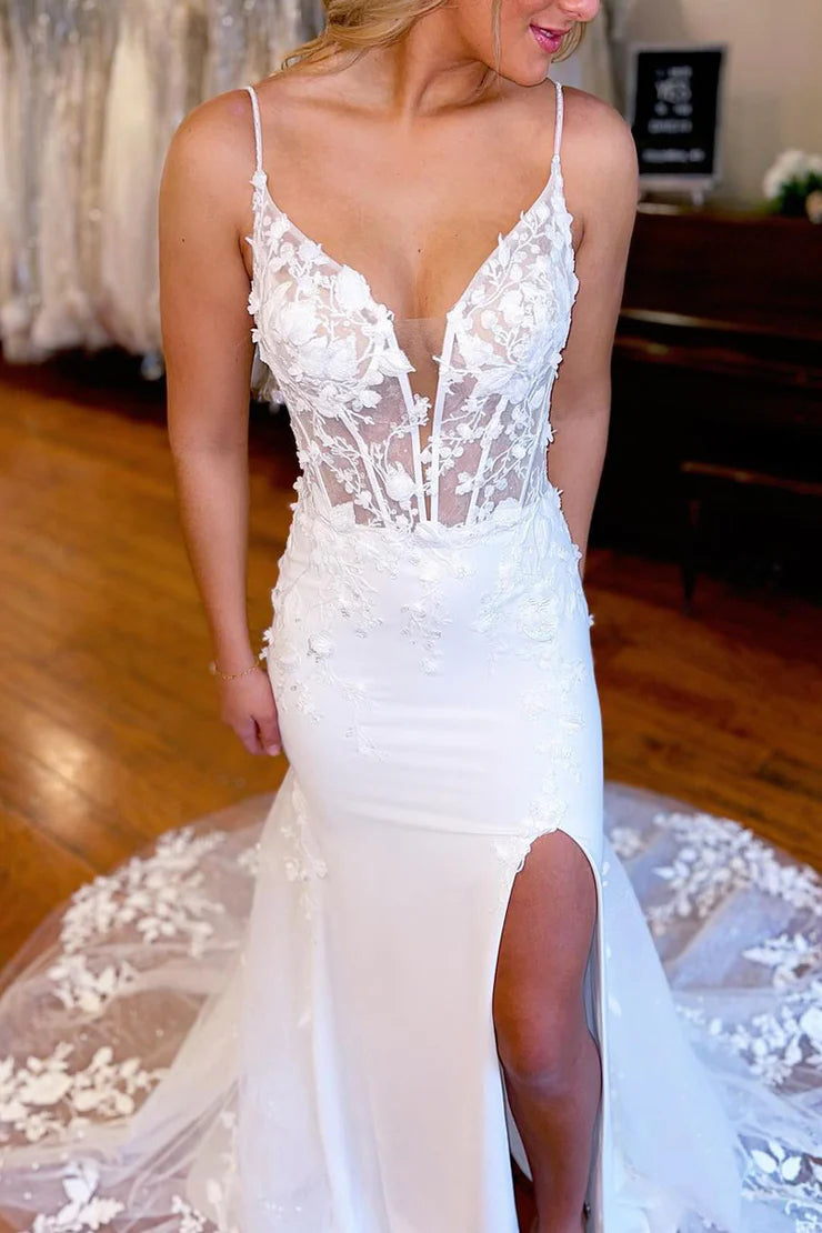 Sheer Empire V-Neck Empire Satin Wedding Dress With Lace Train