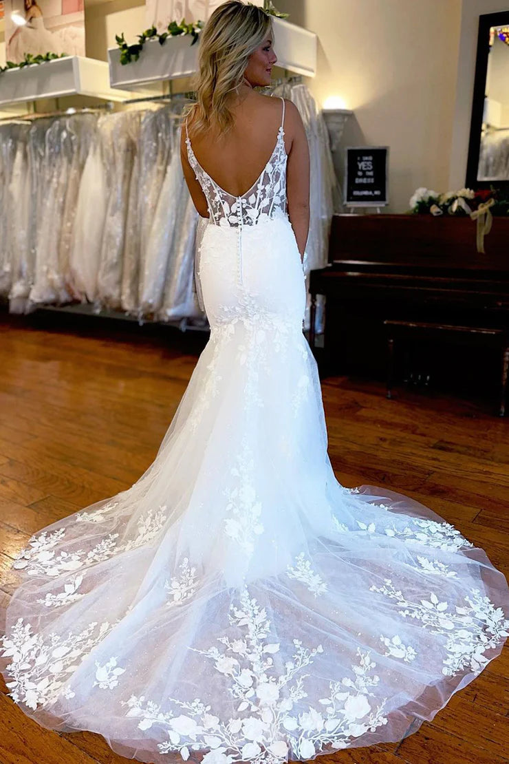 Sheer Empire V-Neck Empire Satin Wedding Dress With Lace Train