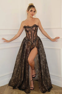 Sheer Lace A-Line Sweetheart Strapless Party Prom Dress