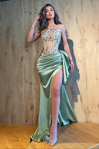 Sheer Top Beaded Satin Mermaid Party Prom Dress With Leg Slit