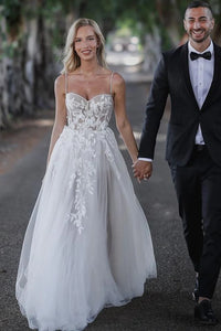 Sheer Tulle A-Line Lace Appliques Sleeveless Maxi Wedding Dress