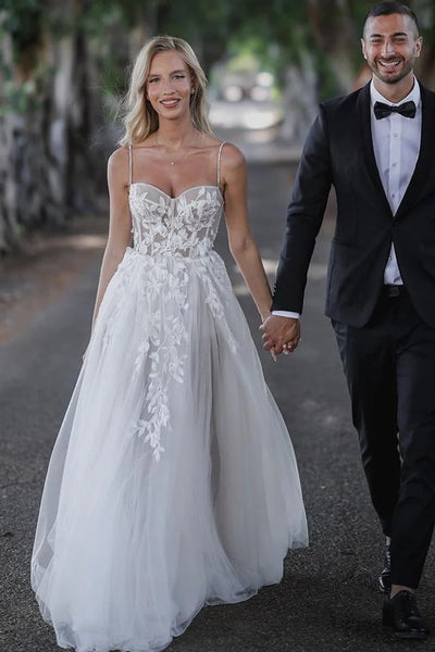 Sheer Tulle A-Line Lace Appliques Sleeveless Maxi Wedding Dress