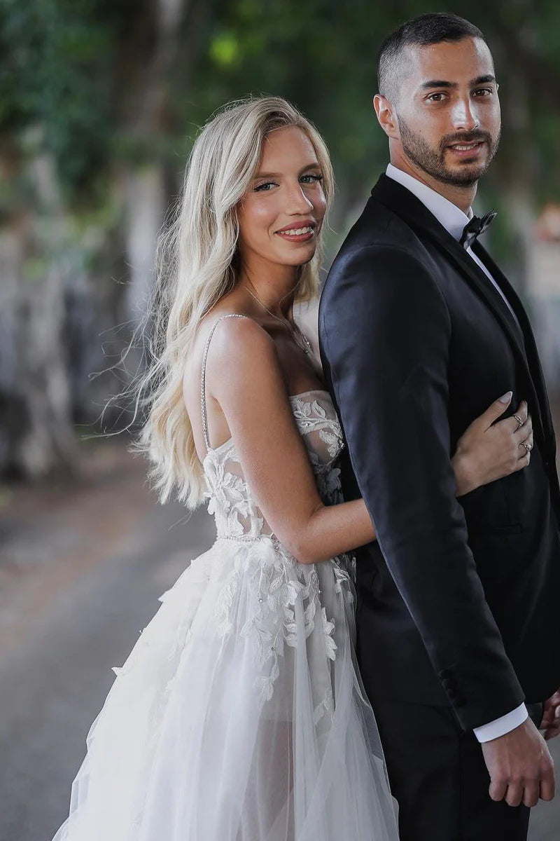 Sheer Tulle A-Line Lace Appliques Sleeveless Maxi Wedding Dress