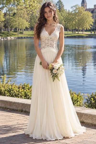 Sheer V-Neck Straps Lace And Chiffon A-Line Long Holiday Party Dress