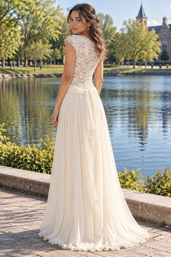 Sheer V-Neck Straps Lace And Chiffon A-Line Long Holiday Party Dress