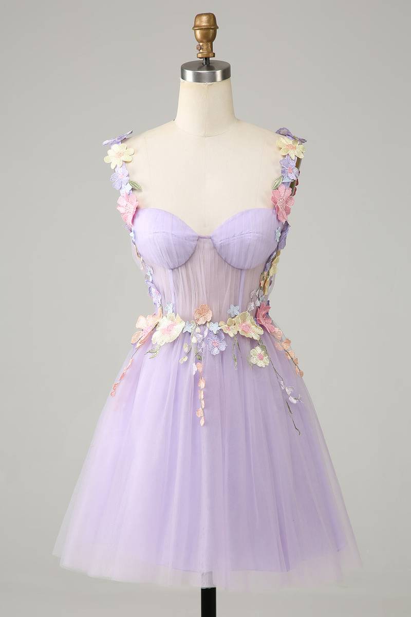 Straps Lavender Corset 3D Flower A-Line Homecoming Dress FancyVestido Straps Lavender Corset 3D Flower A-Line Homecoming Dress FancyVestido