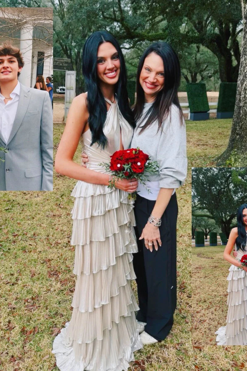 Silver A-Line Empire Sleeveless Tiered Maxi Party Prom Dress