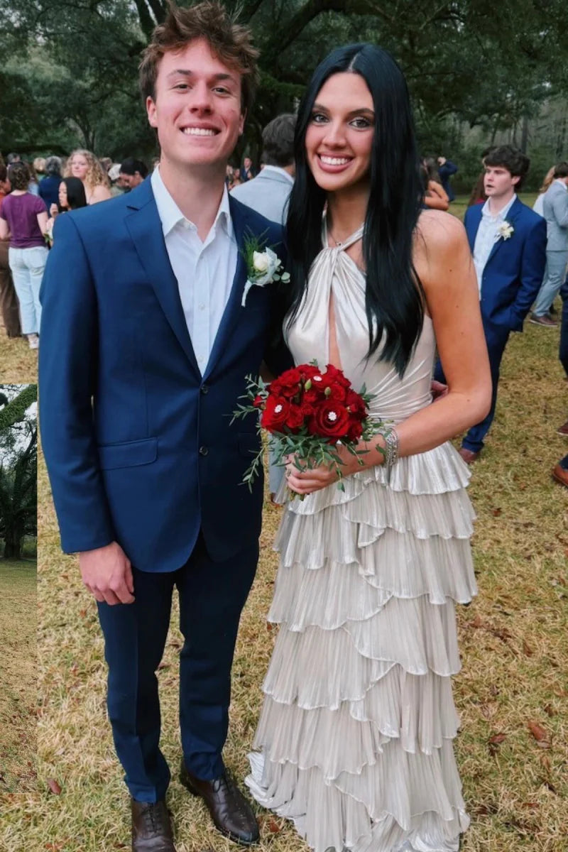 Silver A-Line Empire Sleeveless Tiered Maxi Party Prom Dress