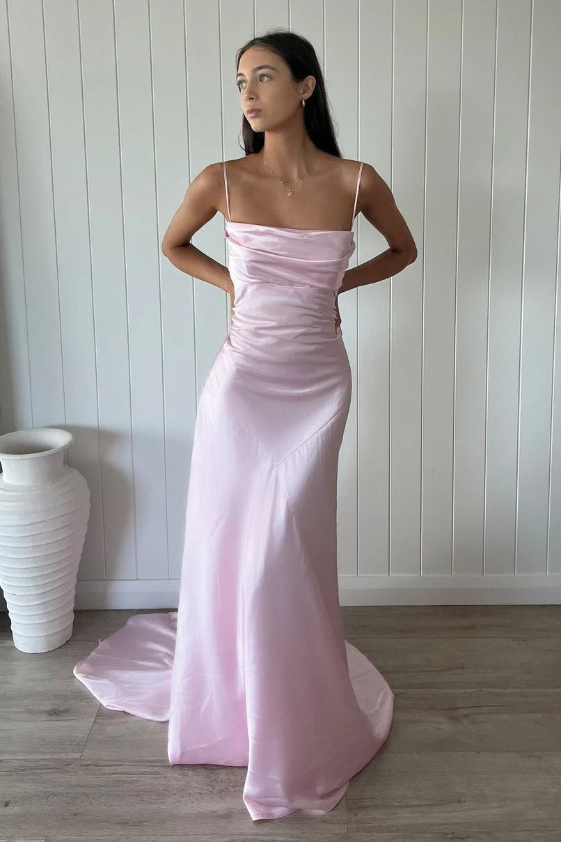 Simple A-Line Satin Sleeveless Long Party Prom Dress With Train