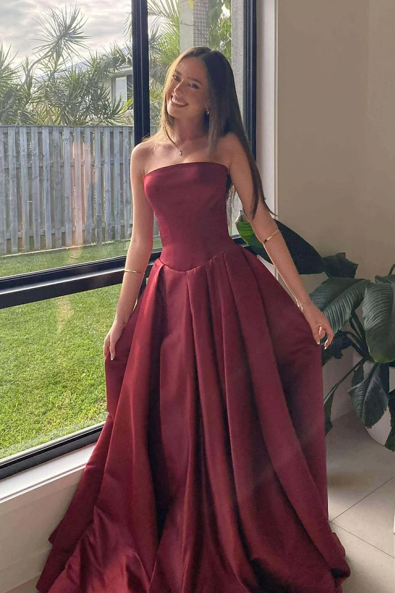 Simple Burgundy Satin A-Line Sleeveless Empire Long Party Prom Dress