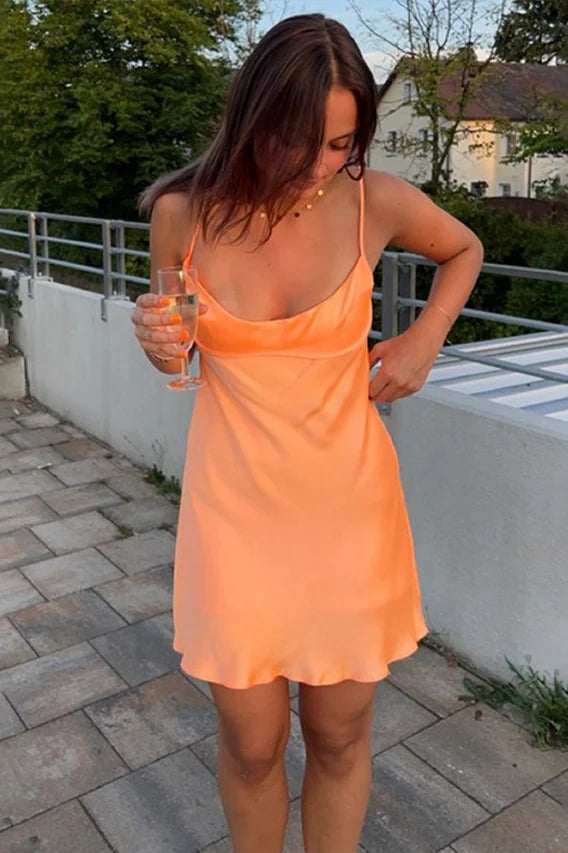 Simple Orange Satin Spaghetti Straps Mini A-Line Homecoming Dress