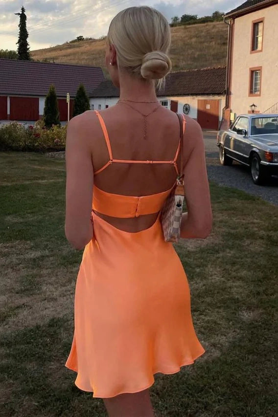 Simple Orange Satin Spaghetti Straps Mini A-Line Homecoming Dress