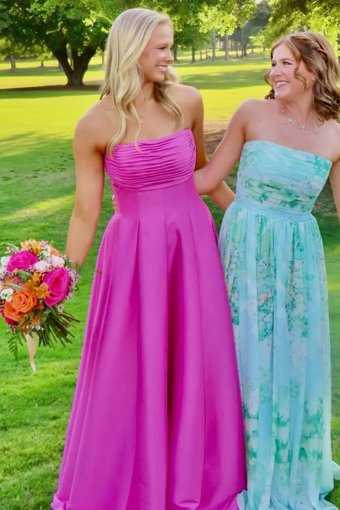 Simple Satin A-Line Ruched Strapless Empire Floor-Length Party Prom Dress