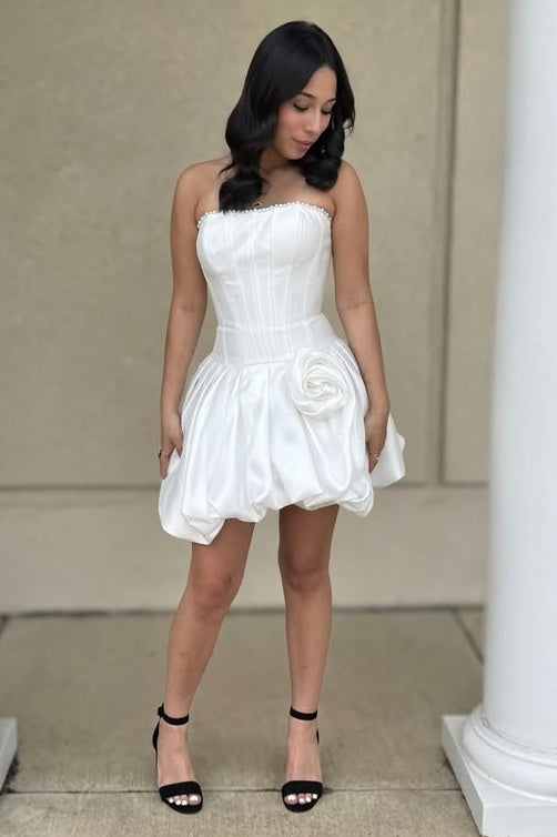 Simple Satin A-Line Sleeveless Floral Pleated Mini Homecoming Dress