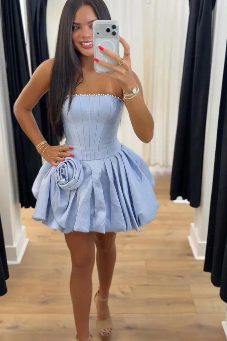 Simple Satin A-Line Sleeveless Floral Pleated Mini Homecoming Dress