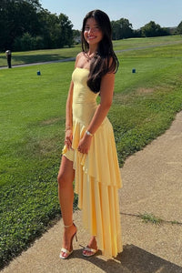 Simple Satin A-Line Strapless Tiered Split Evening Prom Dress