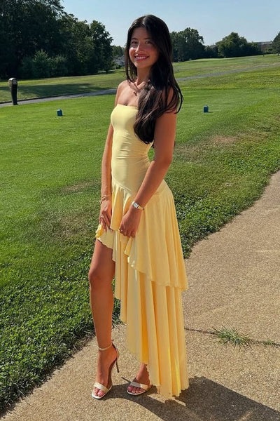 Simple Satin A-Line Strapless Tiered Split Evening Prom Dress