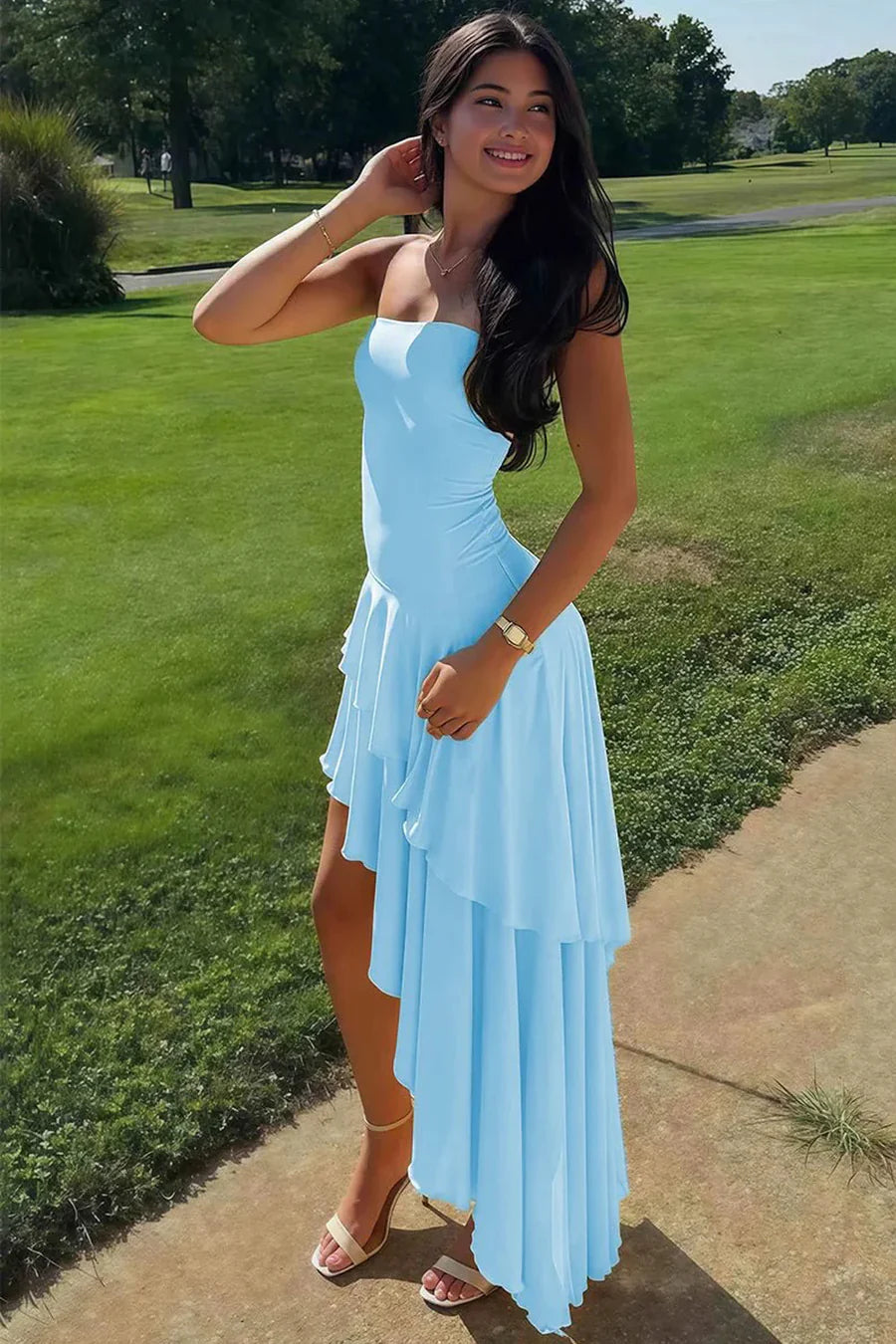 Simple Satin A-Line Strapless Tiered Split Evening Prom Dress