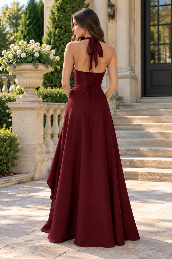 Simple Satin A-Line V-Neck Halter Party Prom Dress With Leg Slit