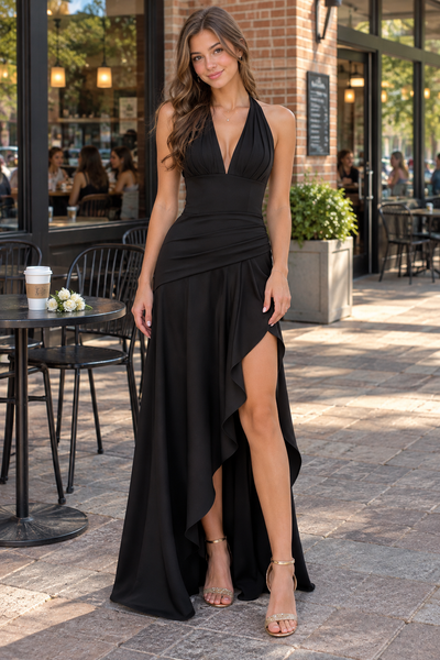 Simple Satin A-Line V-Neck Halter Party Prom Dress With Leg Slit