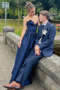 Simple Satin A-Line V-Neck Strapless Lace-Up Party Prom Dress