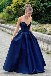 Simple Satin A-Line V-Neck Strapless Lace-Up Party Prom Dress