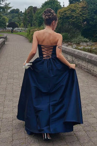 Simple Satin A-Line V-Neck Strapless Lace-Up Party Prom Dress