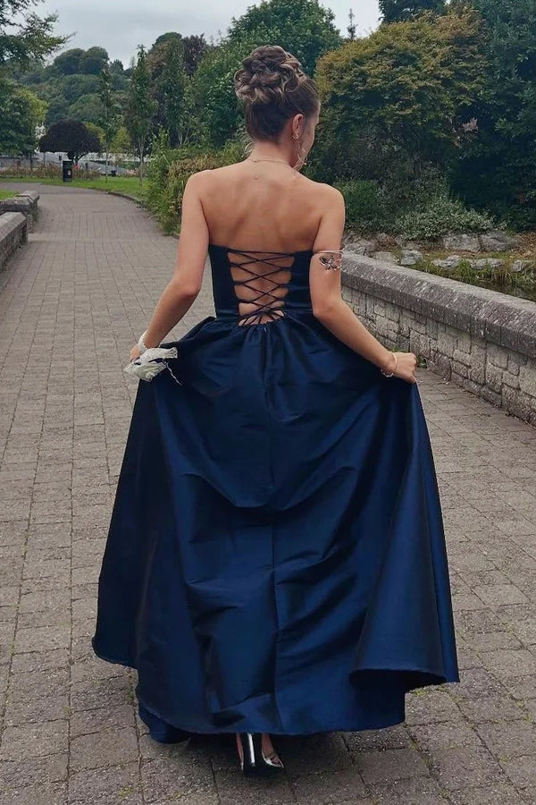 Simple Satin A-Line V-Neck Strapless Lace-Up Party Prom Dress