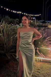 Simple Satin Fitted Square Ruched Empire Split Party Prom Dress