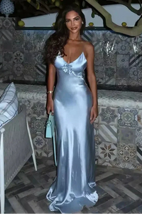 Simple Satin V-Neck Backless Long Party Prom Dress