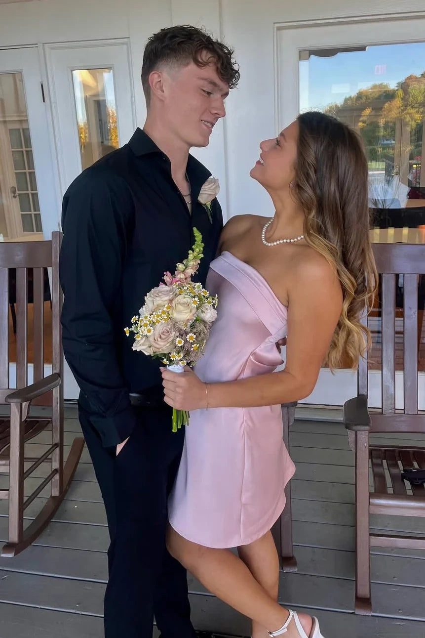 Simple Strapless Open Back Satin A-Line Mini Homecoming Dress