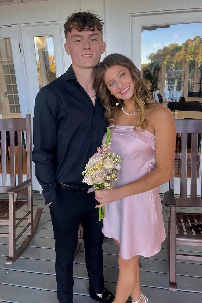 Simple Strapless Open Back Satin A-Line Mini Homecoming Dress