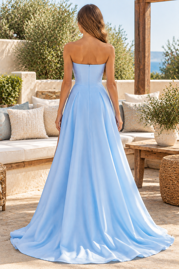 Simple Sweetheart Strapless Blue Satin A-Line Party Prom Dress