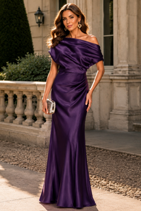 Sloping Shoulder Ruched Empire Mermaid Satin Mother Of The Bride Dress