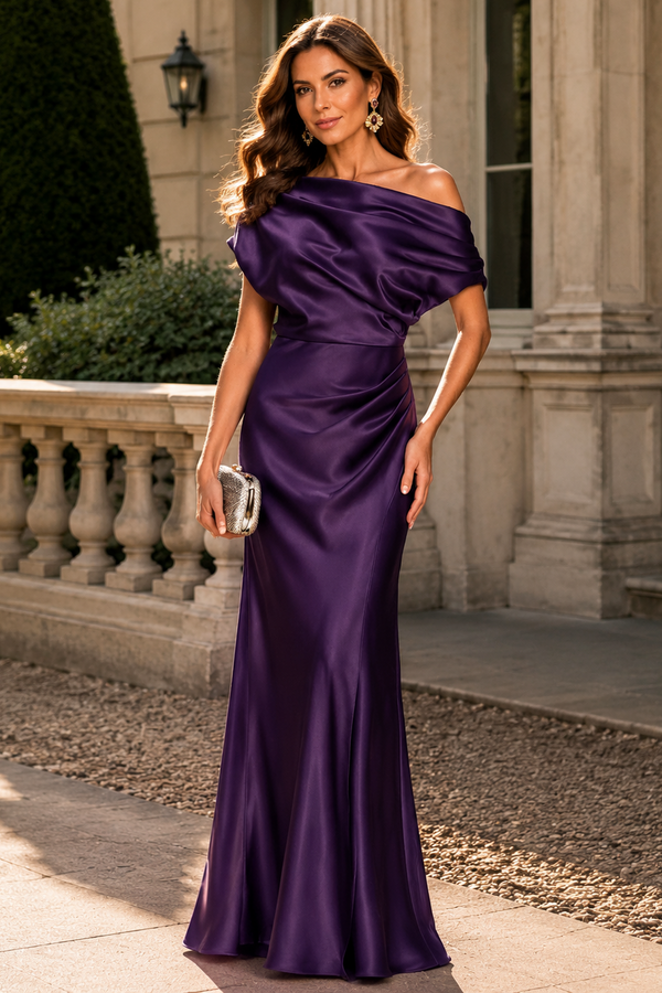 Sloping Shoulder Ruched Empire Mermaid Satin Mother Of The Bride Dress