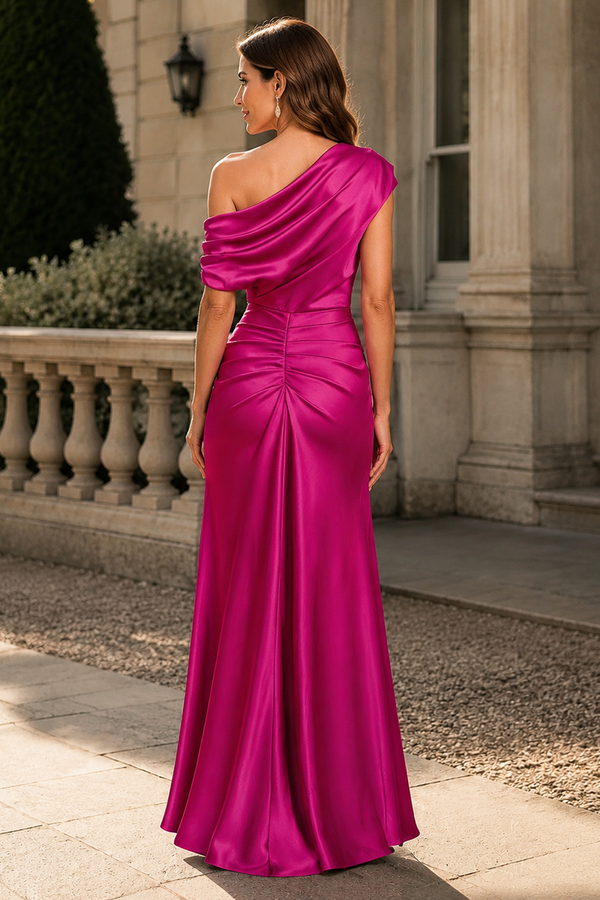Sloping Shoulder Ruched Empire Mermaid Satin Mother Of The Bride Dress