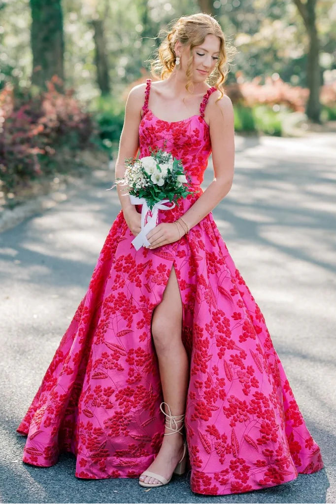 Spaghetti Straps A-Line Empire Floral Satin Leg Slit Party Prom Dress