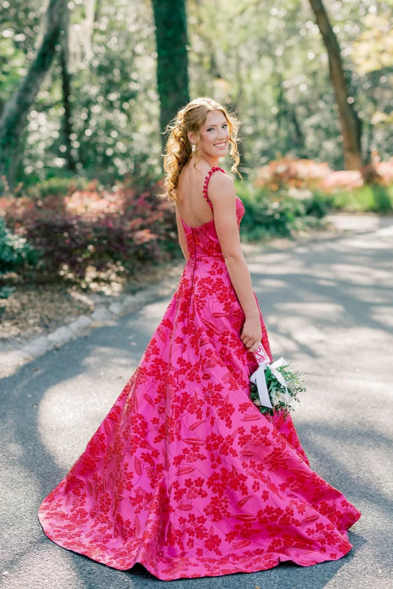 Spaghetti Straps A-Line Empire Floral Satin Leg Slit Party Prom Dress