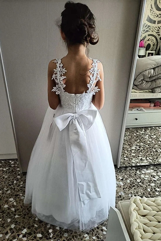 Spaghetti Straps A-Line Empire Tulle Flower Girl Dress With Bow