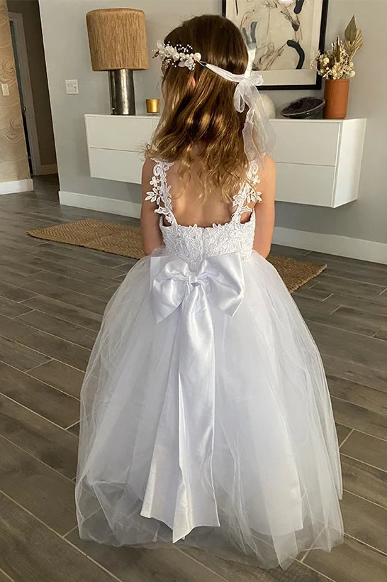 Spaghetti Straps A-Line Empire Tulle Flower Girl Dress With Bow