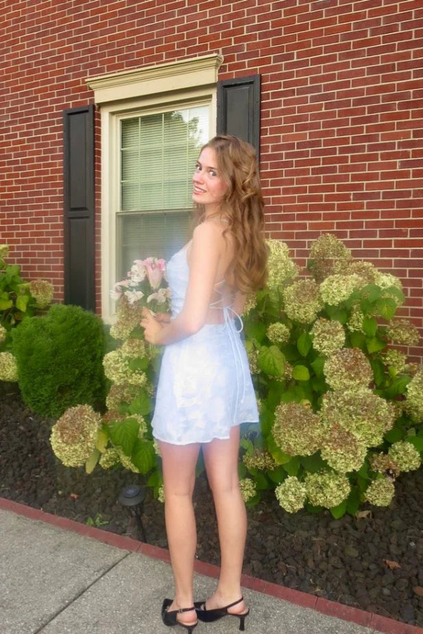 Spaghetti Straps A-Line Lace-Up Floral Appliques Short Homecoming Dress