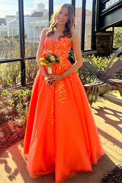 Spaghetti Straps A-Line Lace-Up Party Prom Dress With Appliques