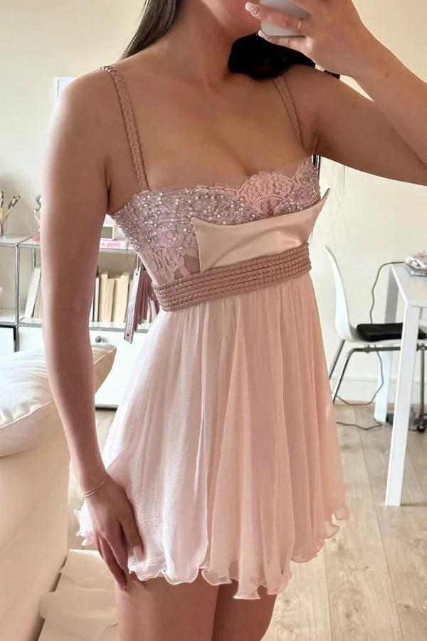 Spaghetti Straps A-Line Lace And Chiffon Short Homecoming Dress