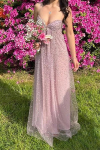 Spaghetti Straps A-Line Open Back Sparkly Party Prom Dress