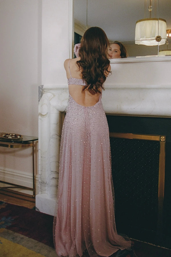 Spaghetti Straps A-Line Open Back Sparkly Party Prom Dress