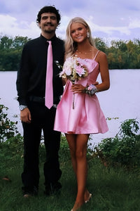 Spaghetti Straps A-Line Satin Empire Mini Homecoming Dress