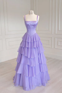 Spaghetti Straps A-Line Square Two Tone Tiered Party Prom Dress
